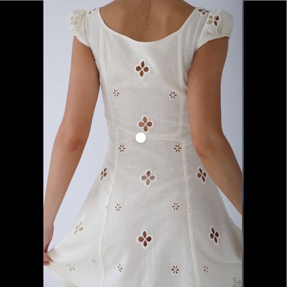 Dreamy Boho Eyelet Summer Sexy Mini Dress Accent Sleeves, Floral Cut Detailing - Picture 11 of 11